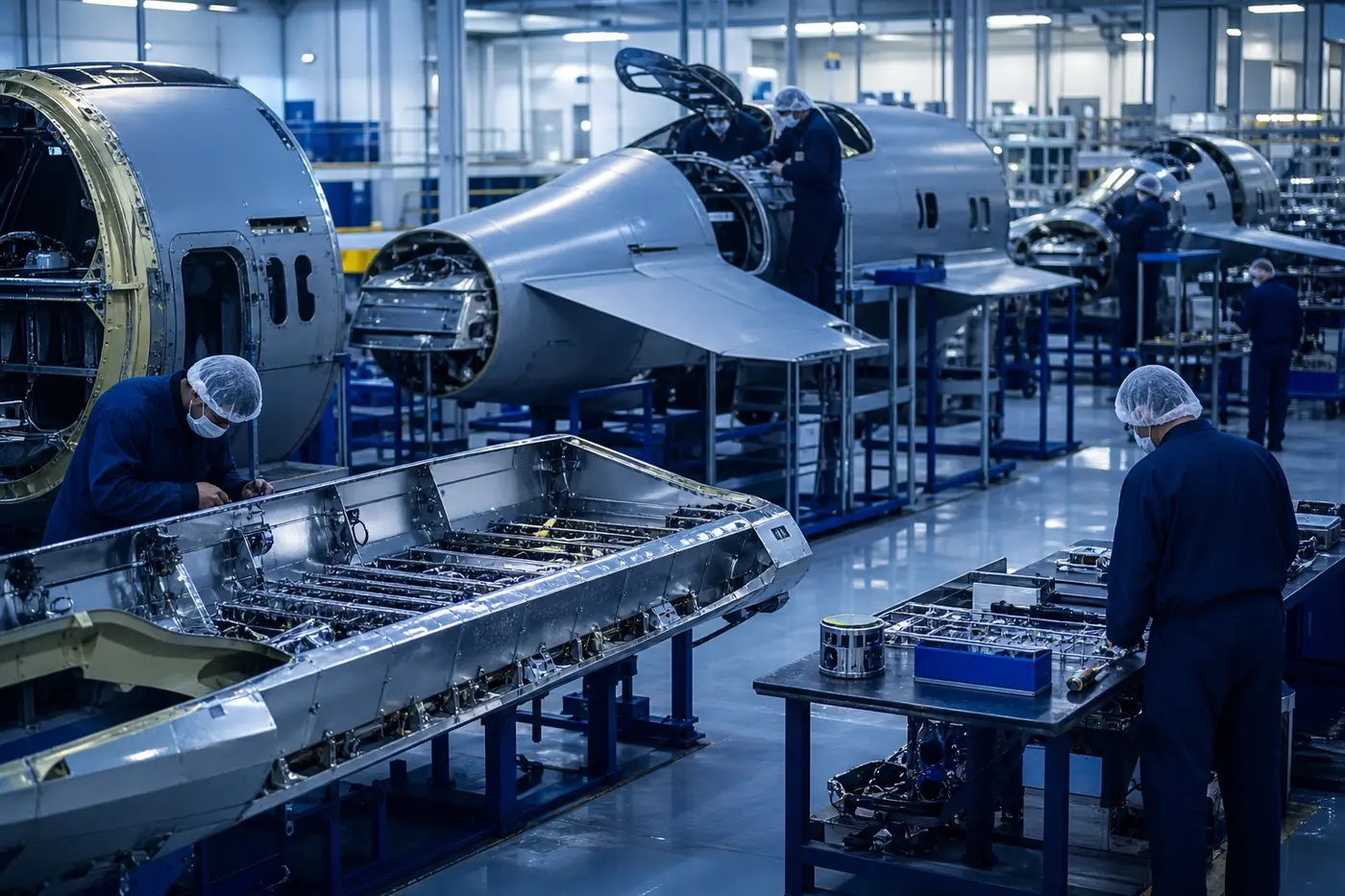 Defense manufacturing hangar — military contracts feeding EF-3 Pool upside