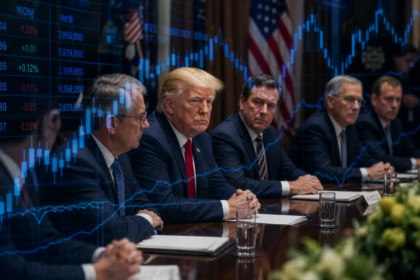 Trump at negotiation table with market charts — political actions as a fast EF-3 profit engine